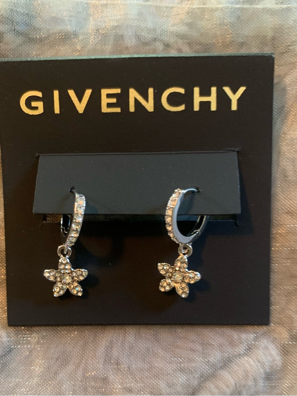 Givenchy Crystal Flower Charm Huggie Hoop Earrings, NWT